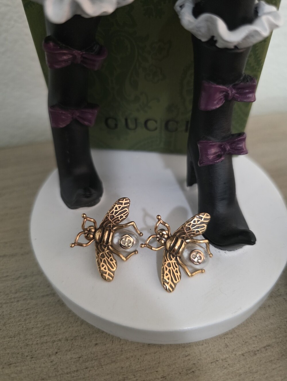 Gucci Gold Tone Bee Pearl Earrings